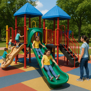 a group of kids playing on a playground