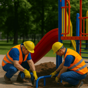 a group of men working on a playground